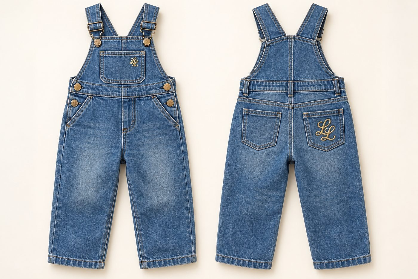 Toddler Overalls — Gold LL Embroidery