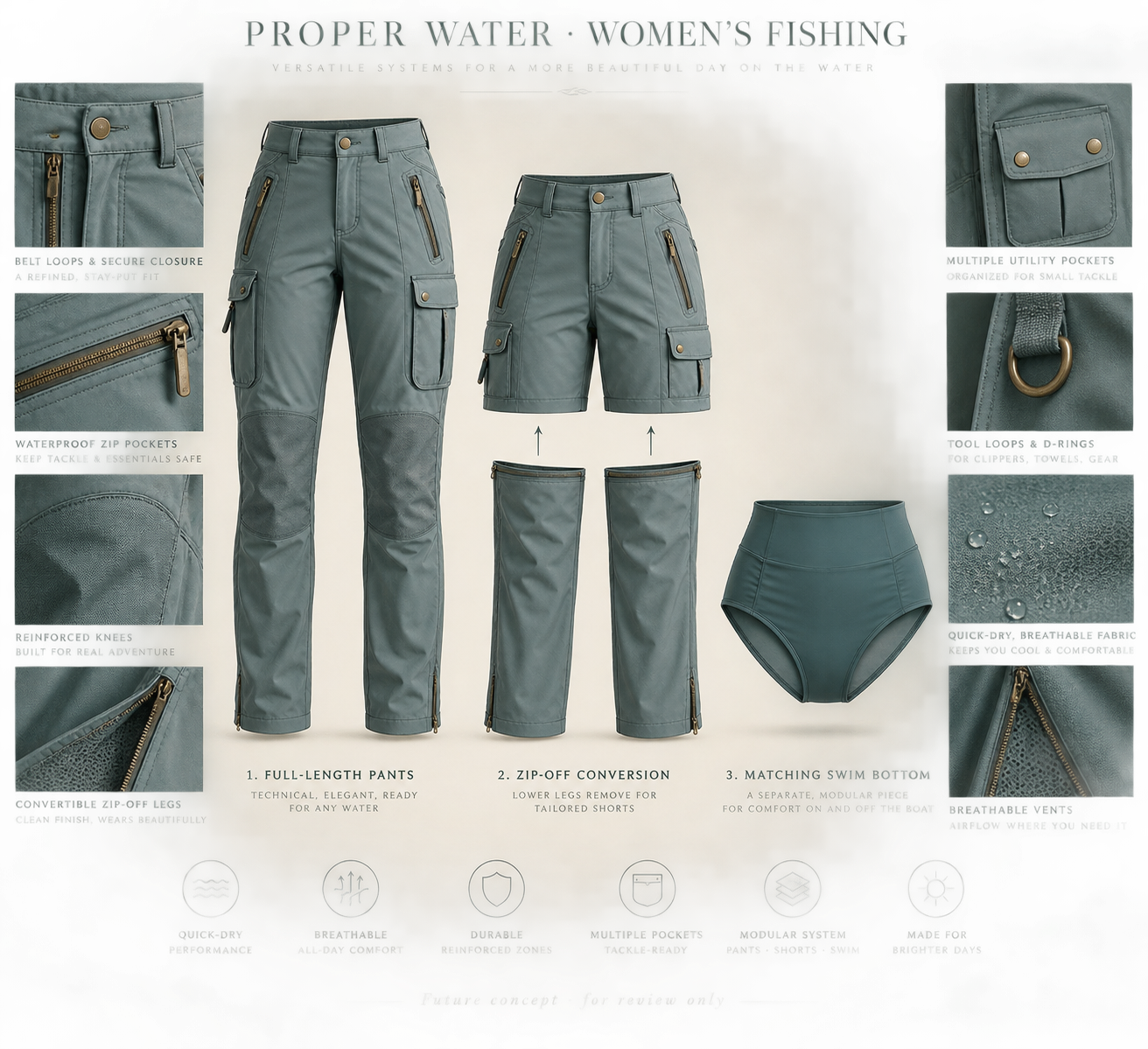 PROPER Women's Fishing concept — modular zip-off pants converting to shorts with matching swim bottom