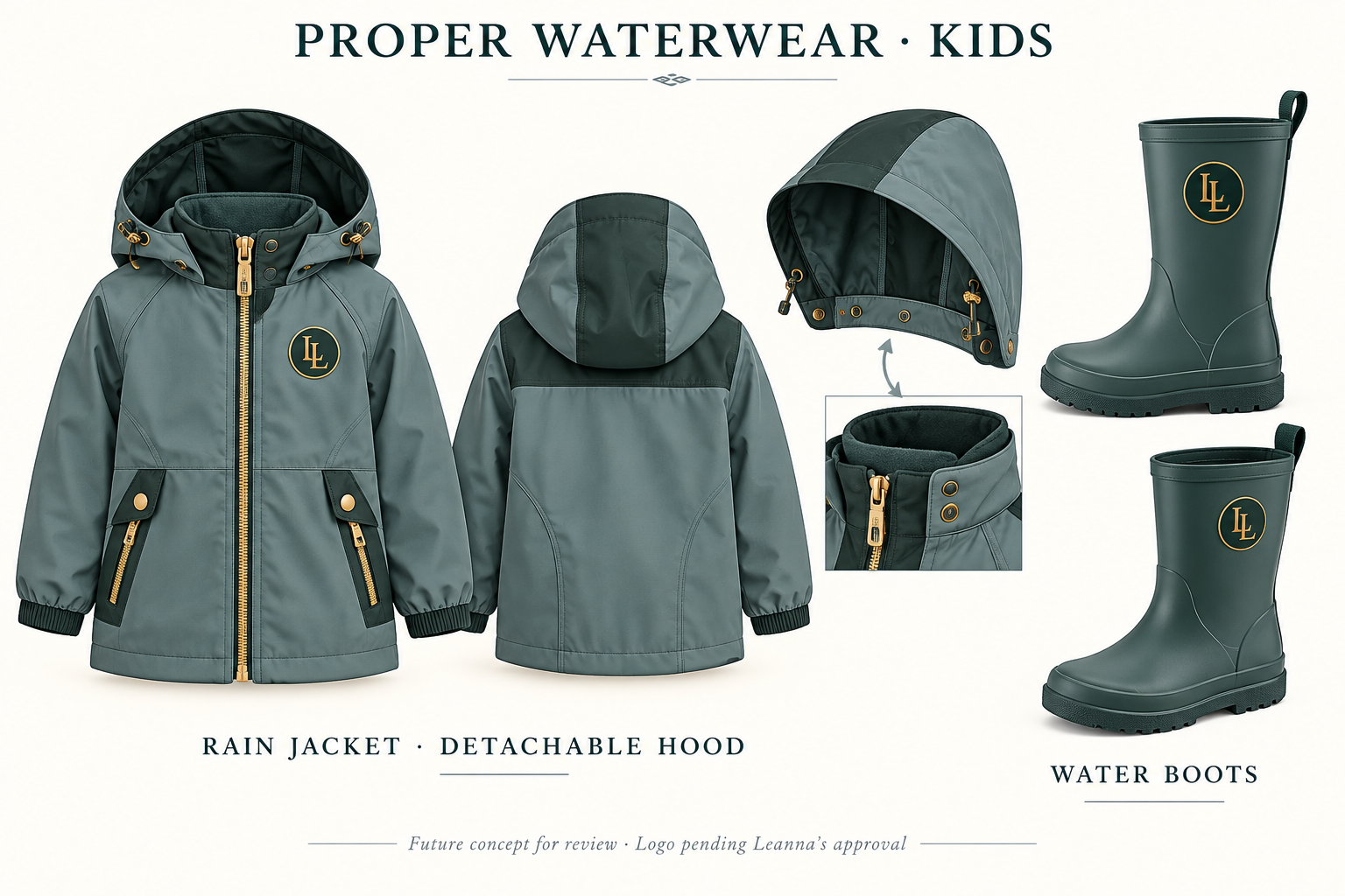PROPER Kids' Rain Jacket & Water Boots concept — detachable hood, gold hardware, circular LL crest in deep green and gold