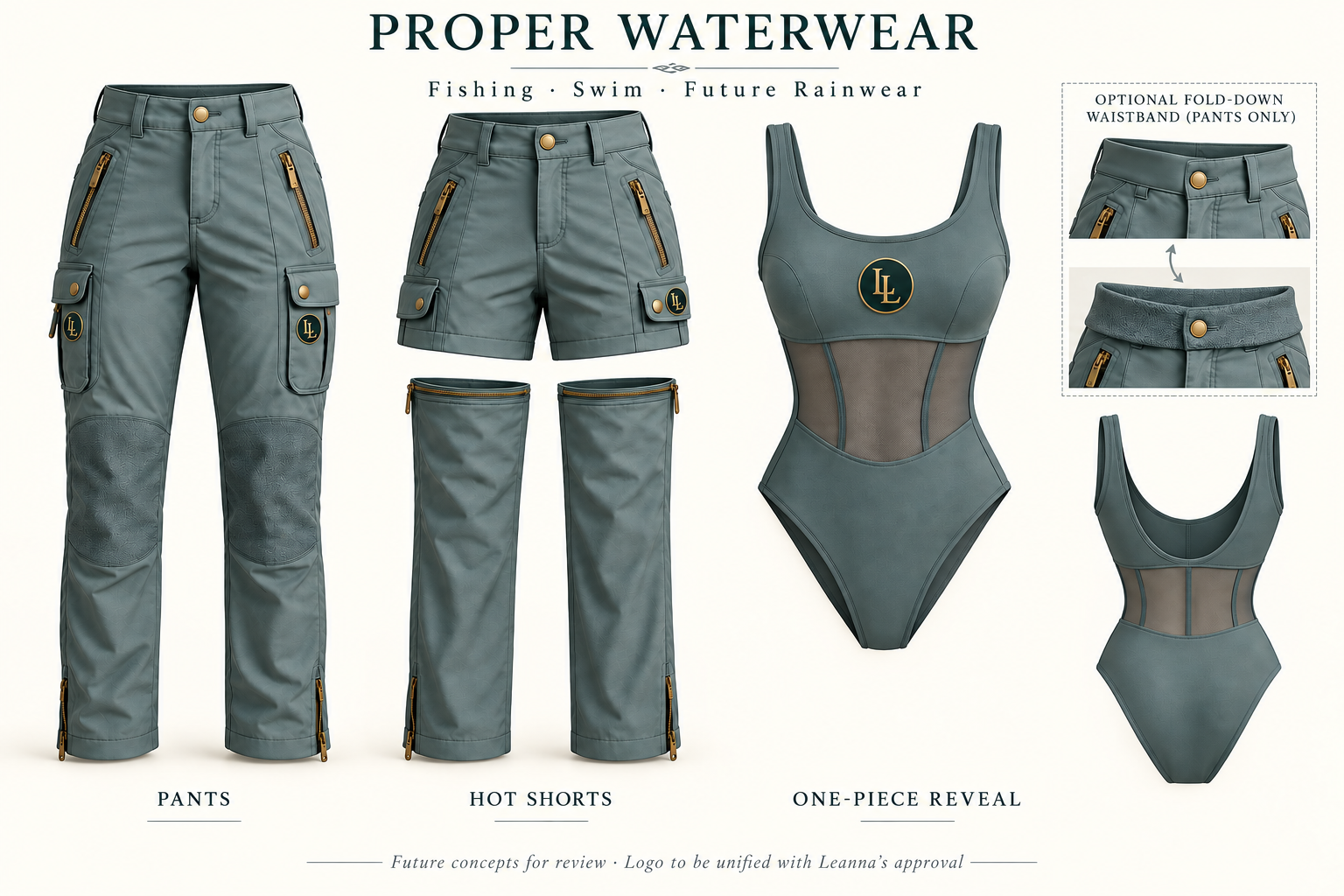 PROPER Women's Swim — circular LL badge on one-piece chest, deep green black and gold concept board